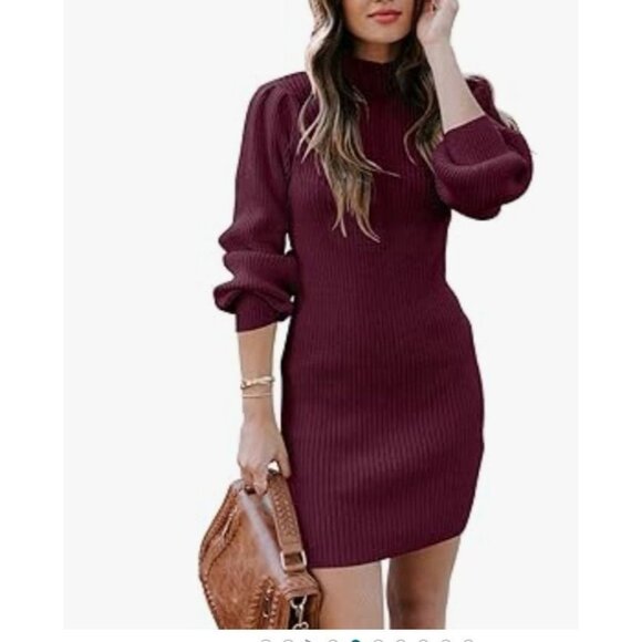 Anrabess Womens Ribbed Knit Sweater Dress Long Sleeve Bodycon Burgundy Size L - Picture 3 of 11